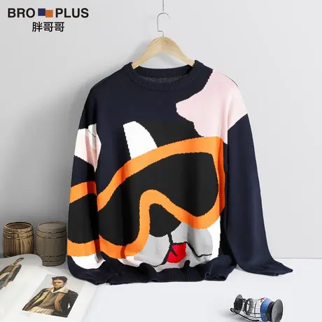 胖哥哥潮牌大码套头圆领毛衣男加肥加大宽松胖子撞色拼接针织衫男商品大图