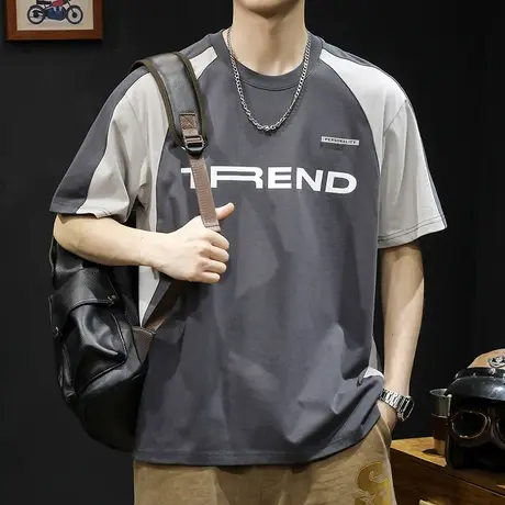 拼色潮牌短袖t恤男士宽松大码夏季2024新款纯棉男款重磅男装体恤图片