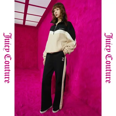 Juicy Couture橘滋秋女女装年新款黑糖拿铁刺绣拼色翻领女卫衣图片