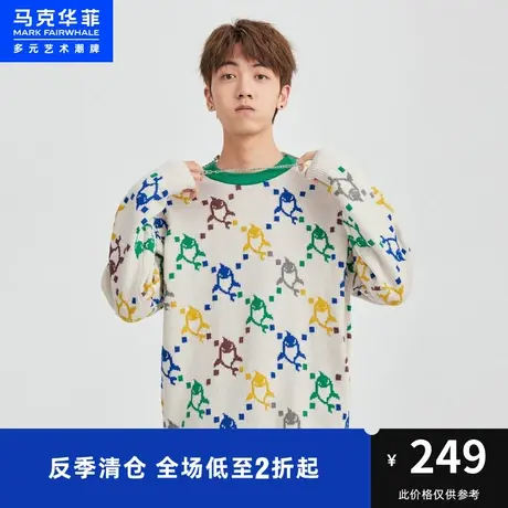 马克华菲满印针织衫男春秋新款宽松青春休闲情侣圆领毛衣潮牌图片