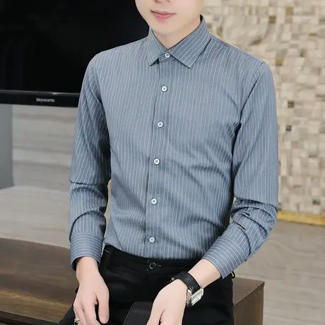 青年春季条纹长袖衬衫男商务休闲正装职业百搭弹力免烫修身衬衣男商品大图