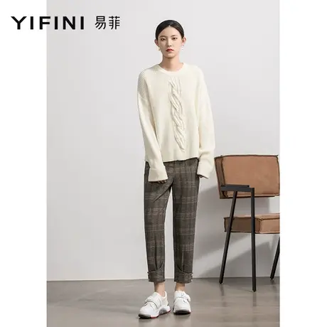 Yifini/易菲秋冬新款复古格子九分锥型裤松紧腰束脚长裤女休闲裤商品大图