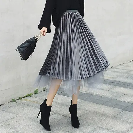 【换购10】金丝绒网纱百褶半身裙女秋冬中长chic高腰A字裙两面穿图片