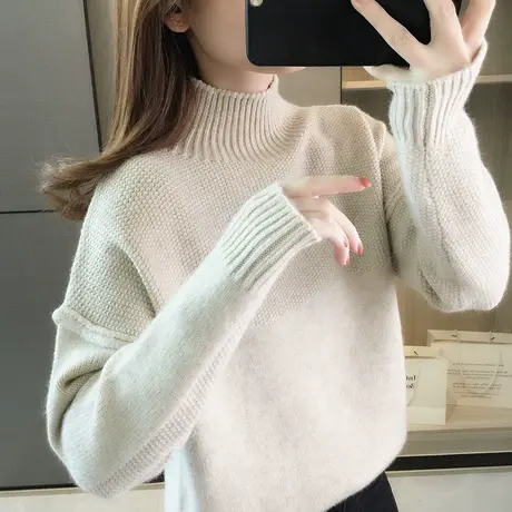 秋冬季新款女装毛衣高领打底衫宽松套头洋气纯色设计感针织上衣图片