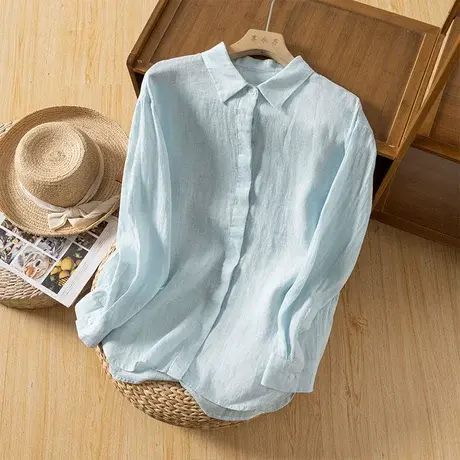 享永子长袖92英支亚麻衬衫女文艺复古宽松显瘦休闲棉麻上衣2023夏商品大图