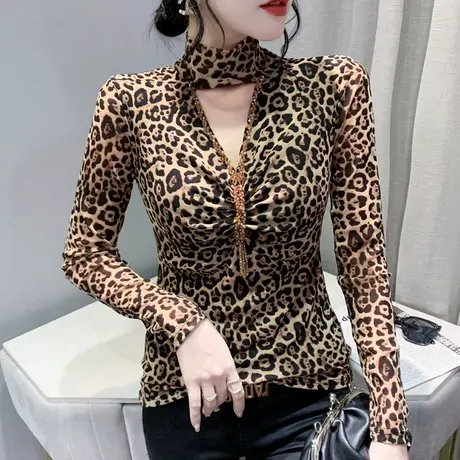 半高领打底衫女春秋性感豹纹长袖时尚钉珠镂空T恤ins气质网纱上衣商品大图