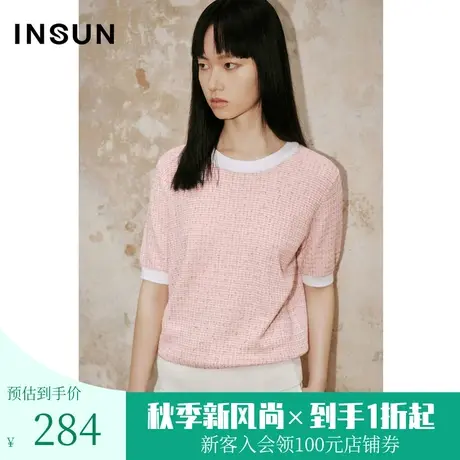 恩裳COVER2023夏季新款简约亮丝金豆格纹肌理优雅香风撞色针织衫图片