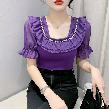 气质泡泡袖T恤女短袖2023夏装新款网纱拼接小衫法式方领修身上衣商品大图