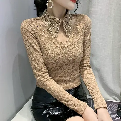 加绒加厚蕾丝打底衫女春秋2023新款性感镂空洋气上衣修身长袖T恤图片