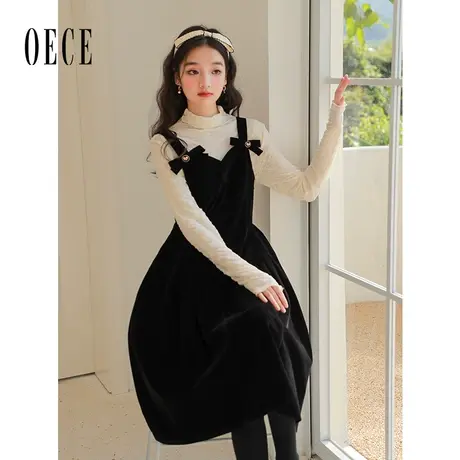 Oece复古小黑裙吊带连衣裙2023春季新款女装甜美上衣裙子两件套图片