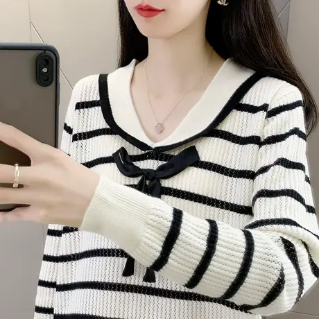 春装2023年新款娃娃领薄款条纹毛衣女春秋短款宽松针织打底衫上衣图片
