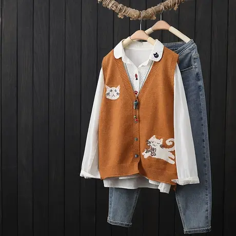 针织马甲背心女宽松开衫外穿2023年秋季新款无袖毛衣马夹坎肩外搭商品大图