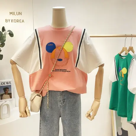 ins设计感T恤上衣2021夏季韩国东大门刺绣马甲假两件短袖宽松大码商品大图