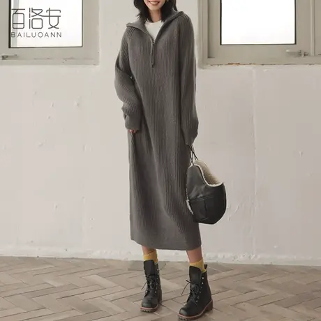 百洛安慵懒风宽松长款套头毛衣女2023秋冬新款翻领长袖针织连衣裙图片