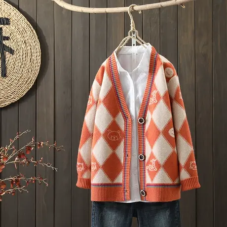 枫谜2021年秋冬新款文艺简约菱形针织毛衣开衫女宽松保暖毛衣外套图片