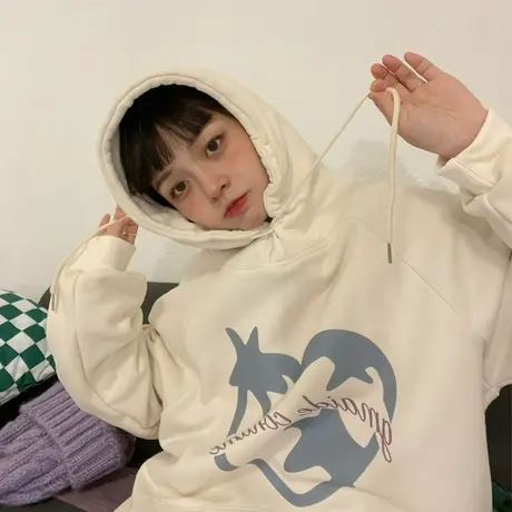 红续卡通加绒加厚连帽白色卫衣女童趣风宽松bf外套长袖2023年新款图片