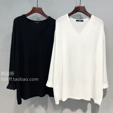 22春装新款纯色V领显瘦单侧开叉宽松垂坠感中长款长袖T恤打底衫女商品大图