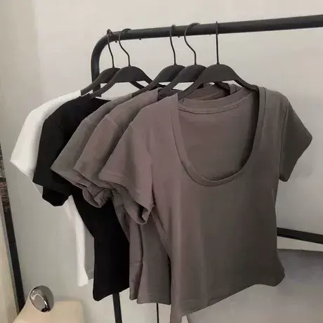 纯色修身露脐泫雅风短款上衣配高腰裤高腰网红短袖t恤女ins潮超火商品大图