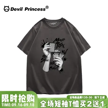 hiphop嘻哈风欧货大版宽松深灰色T恤男女同款高街ins潮牌短袖上衣商品大图