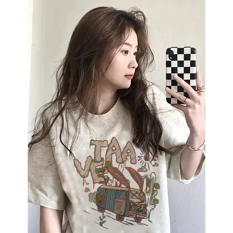 灰色短袖t恤女夏季oversize美式复古宽松半袖纯棉上衣高级感独特商品大图