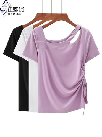 夏季新款韩版斜领露肩纯欲修身纯棉抽绳纯色短袖上衣内搭女装T恤商品大图