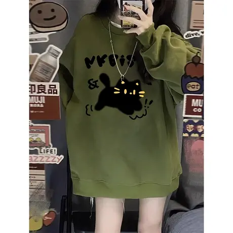 vintage美式复古无帽圆领卫衣女春秋薄款宽松慵懒风套头上衣外套商品大图