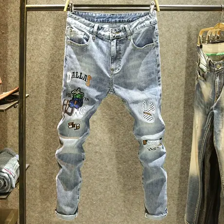 欧洲站2023新款牛仔裤男款修身小脚裤高端潮牌刺绣工艺潮男长裤子商品大图