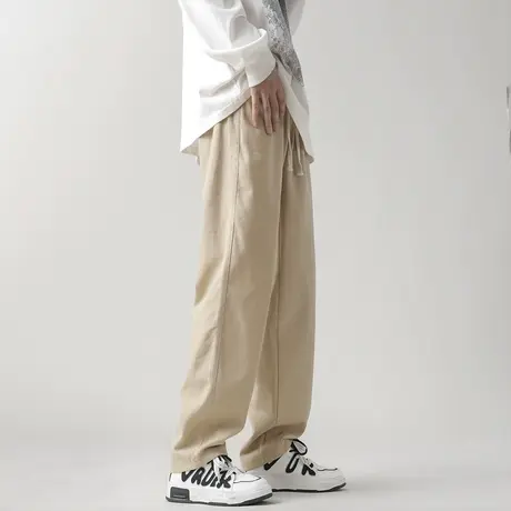 美式复古卡其色裤子男秋季潮牌设计感小众垂感直筒拖地休闲运动裤商品大图