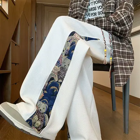 小熊拼接刺绣休闲裤男装新中式复古宽松大码潮牌垂感阔腿直筒裤子商品大图