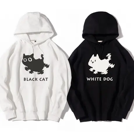 黑猫白狗炸毛衣服猫猫狗狗情侣装宽松连帽套头卫衣男女同款上衣服图片