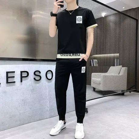 夏季新款套装男冰丝短袖t恤丝光棉套装休闲运动套装 男装一套衣服商品大图
