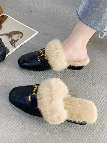 加绒毛毛拖鞋女ins潮2023年新款包头穆勒鞋子外穿中粗跟时尚棉拖商品大图