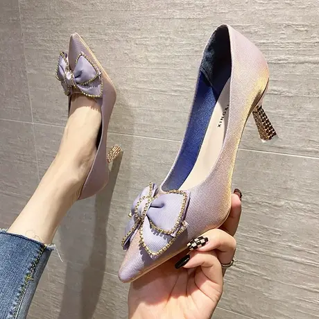 单鞋女2023年春季新款法式尖头蝴蝶结时装高跟鞋女浅口细跟婚鞋女图片