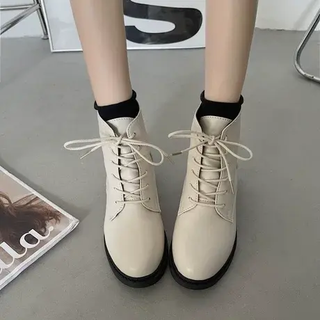 短筒靴女2023新款粗跟马丁靴白色显瘦中筒骑士靴网红厚底增高靴潮图片