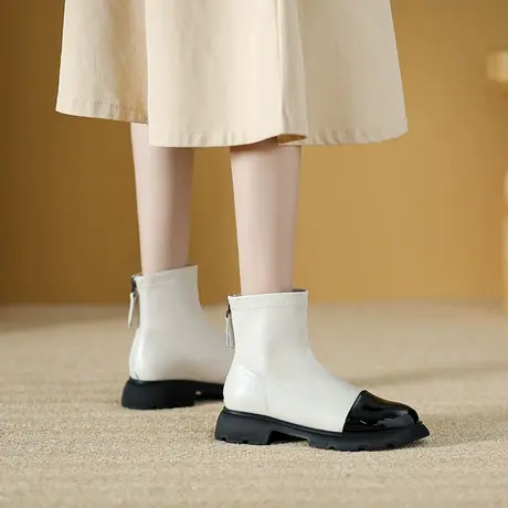 时尚短筒拼色靴子女2023年秋冬季新款英伦风百搭短靴性感粗跟裸靴图片