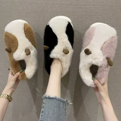 冬季可爱少女心棉拖鞋女2023新款包跟室内厚底防滑毛绒带后跟棉鞋商品大图