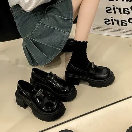 乐福鞋女2024年春秋季新款小个子厚底防滑单鞋英伦风粗跟小皮鞋潮商品大图