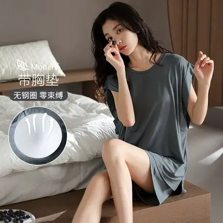 婷美自带胸垫睡衣女夏季莫代尔棉绸无袖短裤圆领可出门家居服套装商品大图