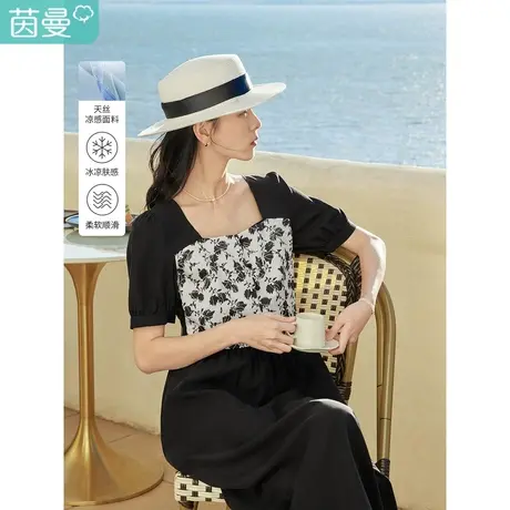 茵曼2023夏季女装新款优雅复古方领灯笼袖收腰假两件拼接连衣裙图片