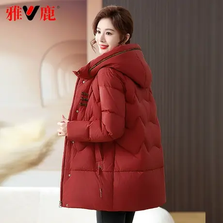 雅鹿官方妈妈装红色羽绒服女2023新款中长款中老年人加厚连帽外套图片