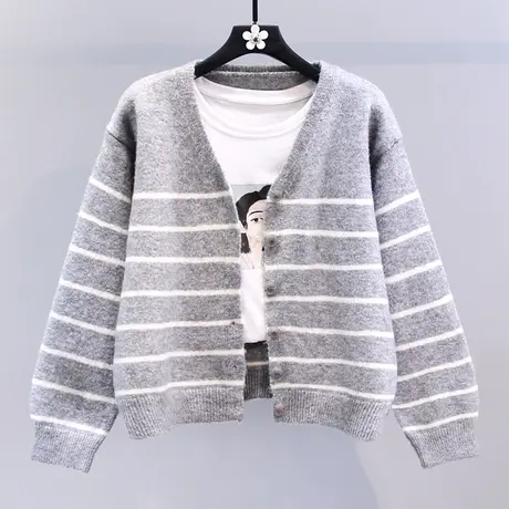 复古条纹毛衣外套女秋冬2023新款宽松外搭慵懒风温柔V领针织开衫商品大图