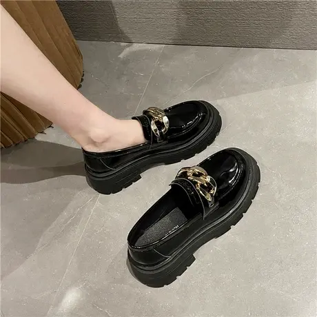 乐福鞋女英伦风2024新款春季一脚蹬漆皮链条小皮鞋女厚底粗跟单鞋商品大图