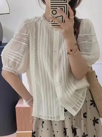 2023法式小香风时尚蕾丝花边高级感气质减龄镂空文艺优泡泡袖衬衣商品大图