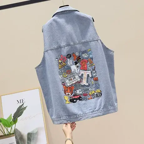 慵懒风牛仔马甲女宽松2023春夏新款韩版印花破洞马夹外套外穿潮商品大图