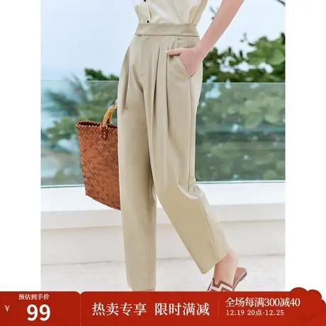 茵曼法式文艺裤子2023夏女装新款高腰打褶翻边显瘦宽松九分萝卜裤商品大图