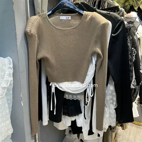 韩国东大门2023早秋新款气质韩版圆领套头短款长袖百搭修身打底衫商品大图