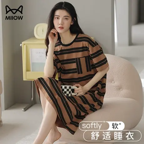 猫人纯棉睡裙夏季薄款吸汗透气条纹可外穿中长款过膝连衣裙家居裙商品大图