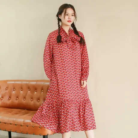 胖妹妹秋季2023新品雪纺印花长袖连衣裙大码微胖复古蝴蝶结领长裙商品大图