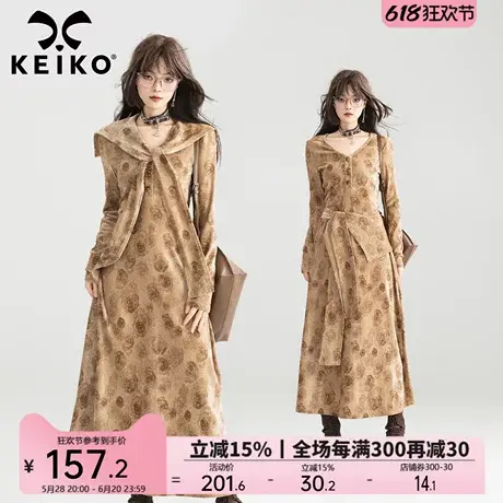 KEIKO [赠披肩] 轻法风穿搭丝绒连衣裙25复古玫瑰花纹显瘦A字长裙图片