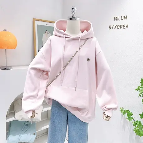 2023春季新款韩国东大门ins纯色连帽中长款包臀卫衣上衣宽松休闲商品大图